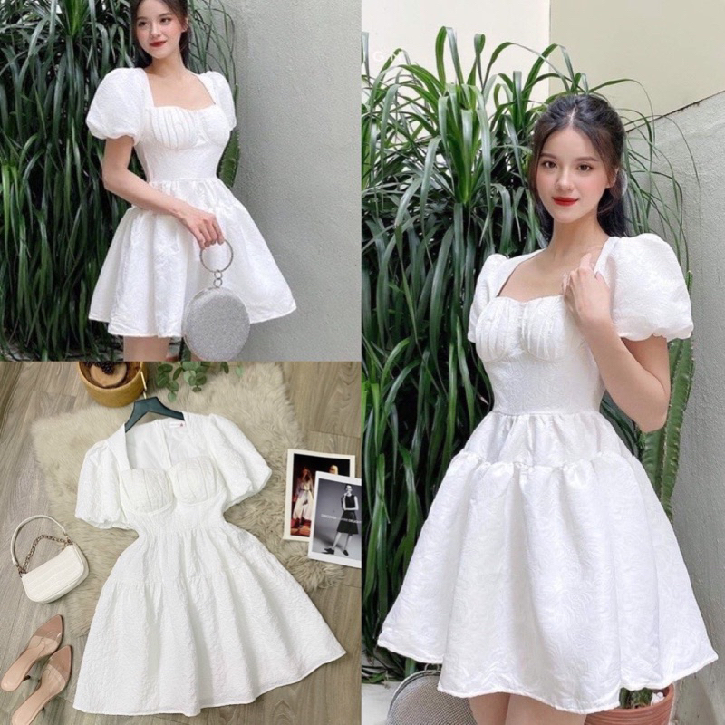 Đầm babydoll nữ tay bồng cổ vuông dáng xoè chất gấm 2 lớp xếp ly ngực, váy trắng tiểu thư dự tiệc công chúa bigsize