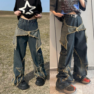 Quần Jean Ống Rộng Họa Tiết Tua Tua Túi Hộp Phong Cách Cổ Điển Mỹ Quần Denim Nam Nữ Mới 2023