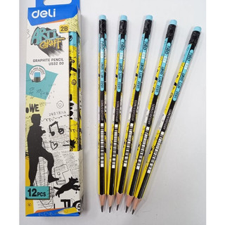 Bút chì gỗ, chì đen chuốt 2b deli u532 - thân lục giác, có đầu gôm - 1 cây