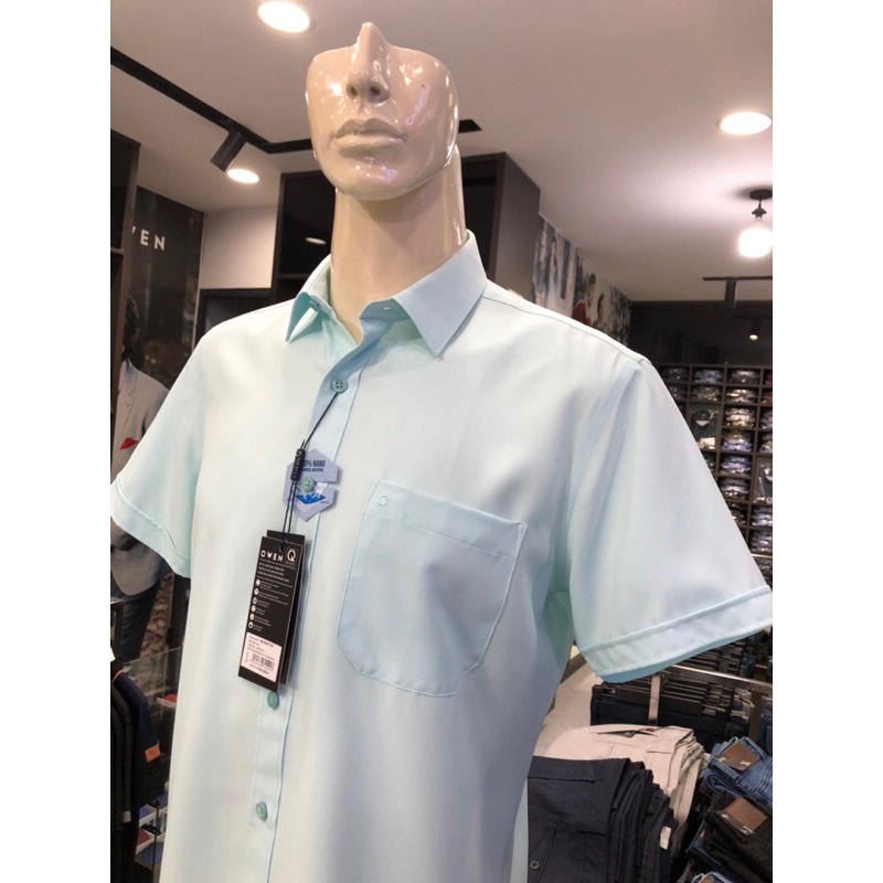 Áo sơ mi owen ngắn tay màu xanh mint body fit vạt ngang vải nano AB230077NT