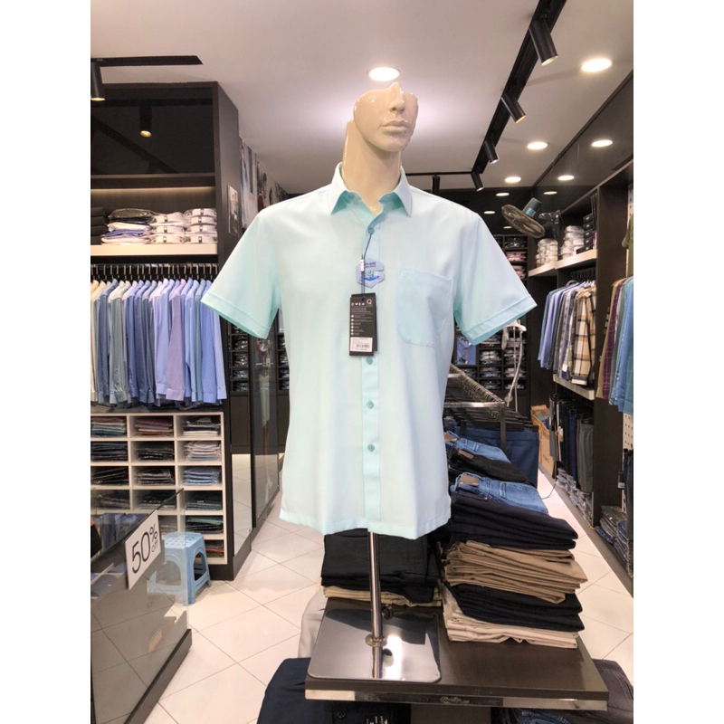 Áo sơ mi owen ngắn tay màu xanh mint body fit vạt ngang vải nano AB230077NT