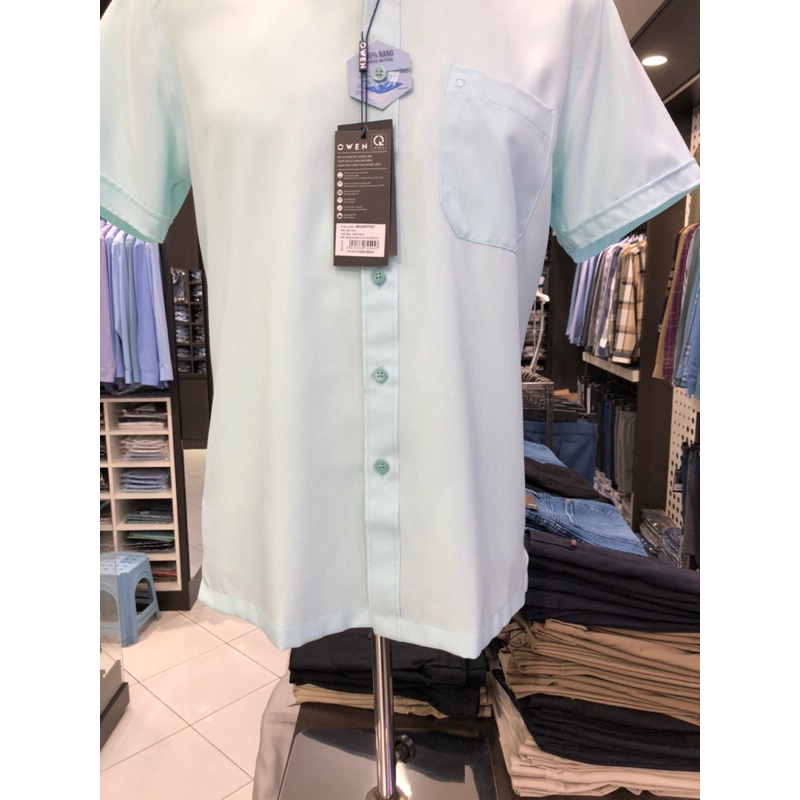 Áo sơ mi owen ngắn tay màu xanh mint body fit vạt ngang vải nano AB230077NT
