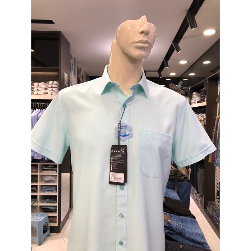 Áo sơ mi owen ngắn tay màu xanh mint body fit vạt ngang vải nano AB230077NT