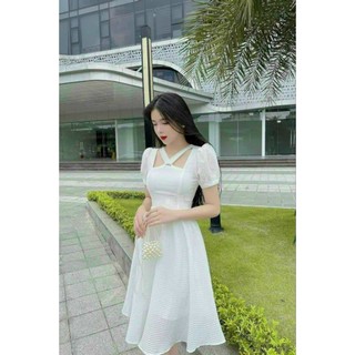 Đầm chất liệu xô y mẫu thời trang nữ mặc đi dự tiệc cổ vuông phối dây tay phồng ôm eo xòe đuôi cá dài midi
