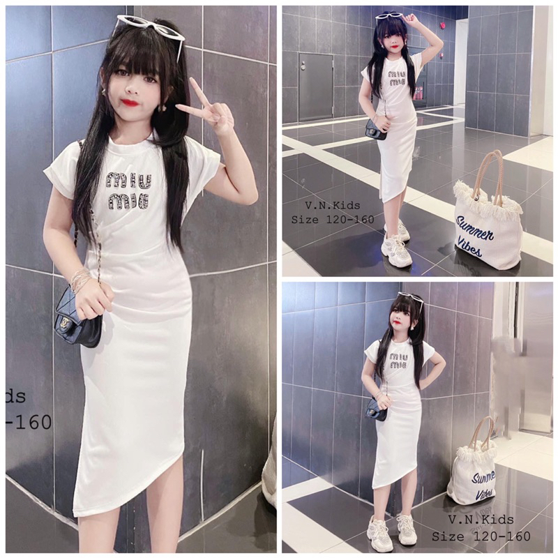 Váy thiết kế đính đá xếp ly eo siu tôn dáng cho Bé gái