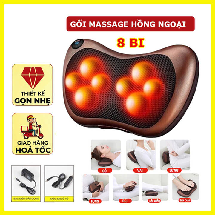 Gối Massage Cổ Vai Gáy Toàn Thân 8 bi Đảo Chiều Cao Cấp, Máy Massage Hồng Ngoại Chính Hãng - Bảo Hành 2 Năm