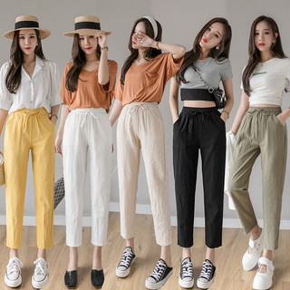 Quần đũi nữ baggy dáng dài lưng cao cạp sau chun vải đũi dài chất thun mềm- Quần vải nữ cạp cao màu đen be đi học đi làm