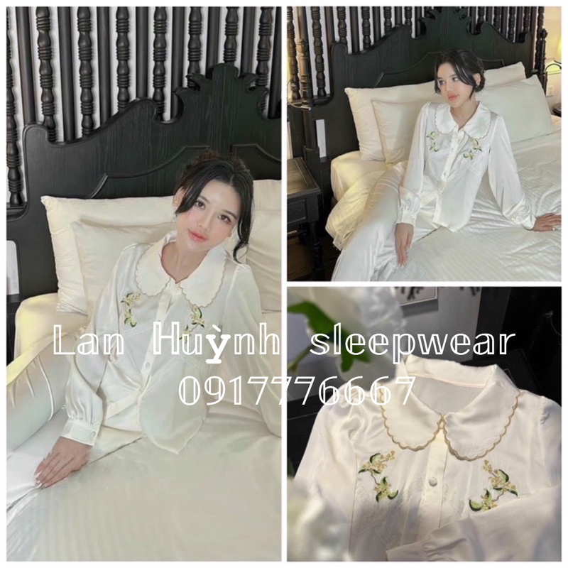 Bộ ngủ mặc nhà tiểu thư lụa Quảng Châu cao cấp tay dài trơn kem(Size S )