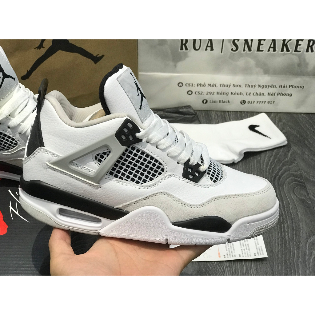 Siêu Phẩm Giày Thể Thao Sneaker Giày J/d 4 Re/tro 'Mili/tary Black Trắng Đen Cao Cấp Ảnh Thật+Tặng Tất