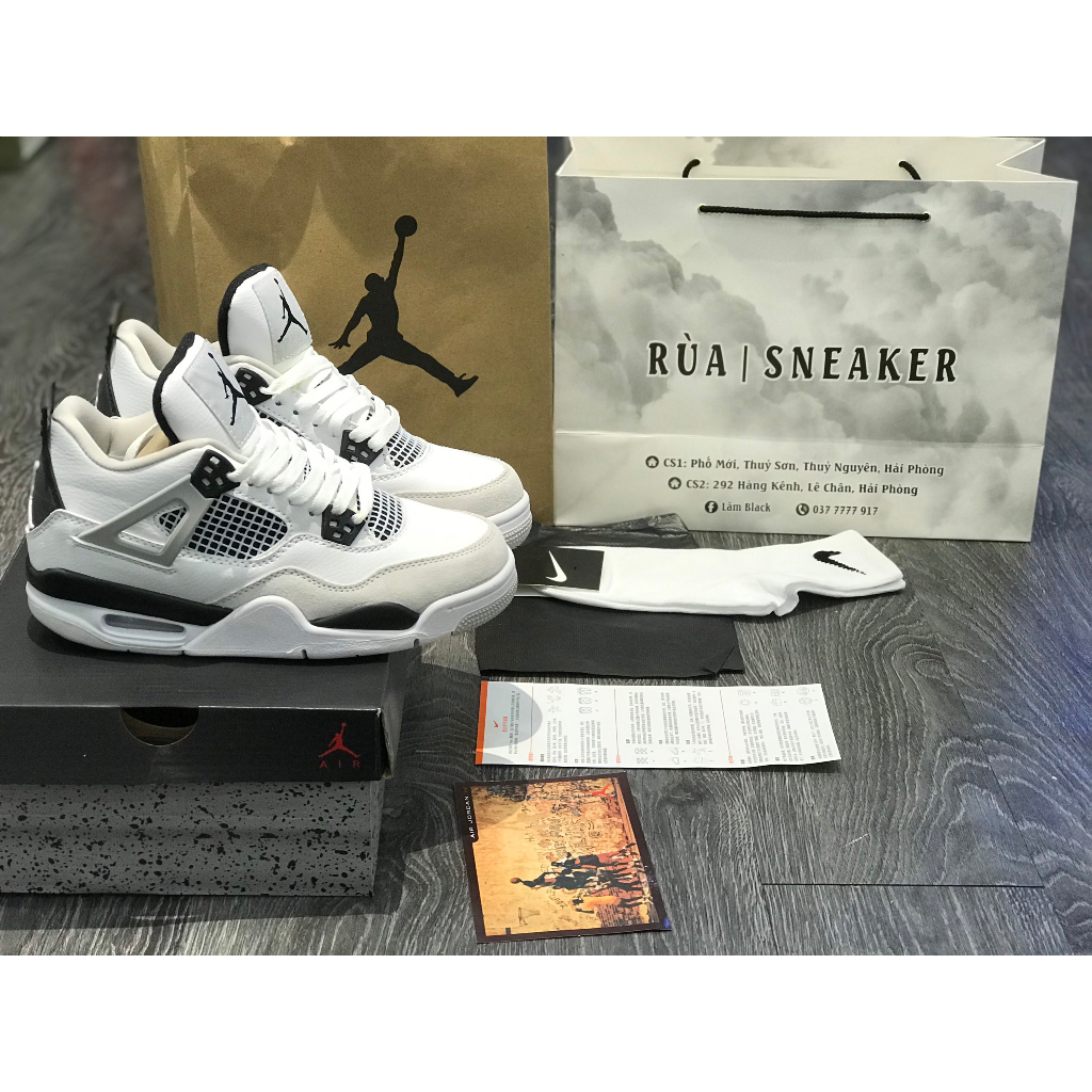 Siêu Phẩm Giày Thể Thao Sneaker Giày J/d 4 Re/tro 'Mili/tary Black Trắng Đen Cao Cấp Ảnh Thật+Tặng Tất