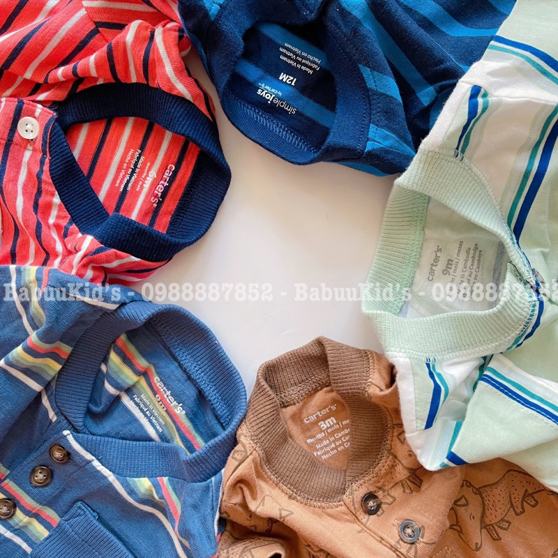 Body đùi thân tay ngắn cổ trụ, gài cúc trước, cổ polo Romper body đùi bé trai xuất dư C.a.r.ter's