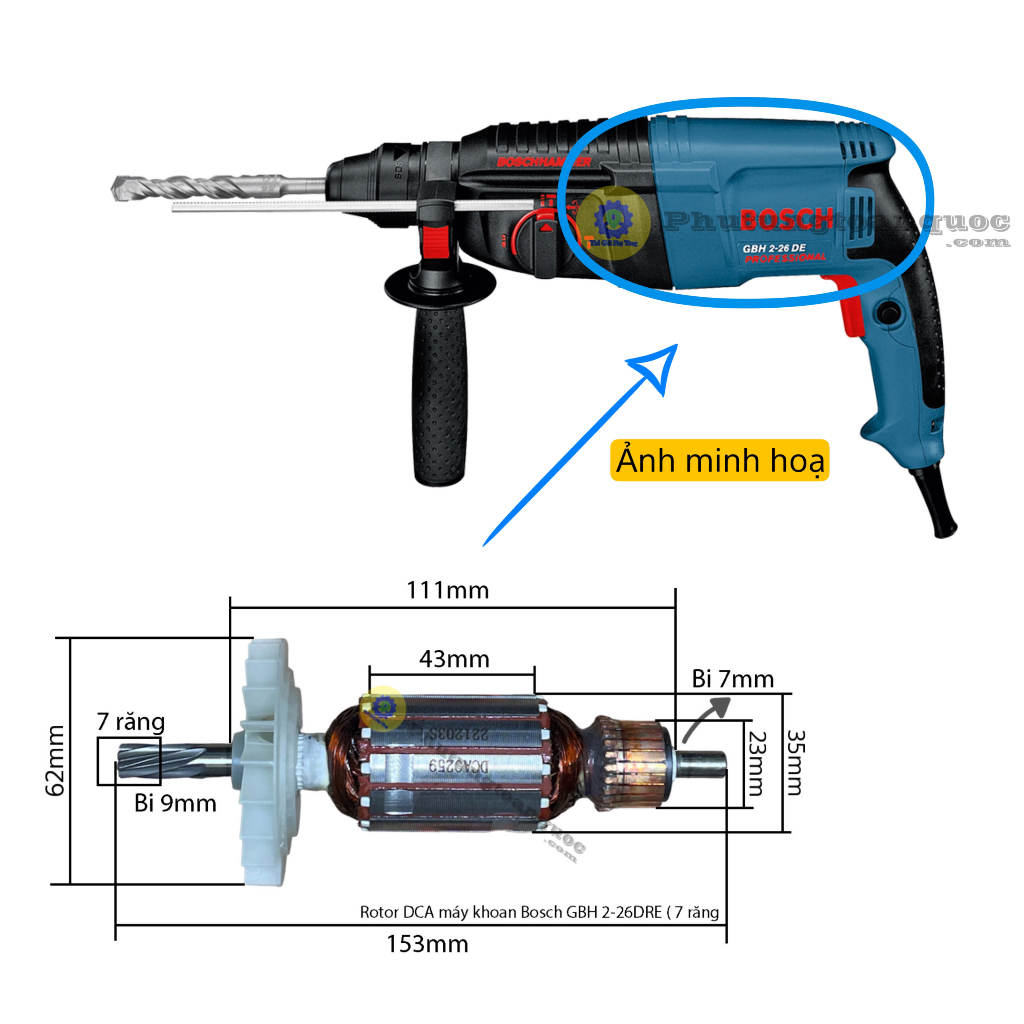 Rotor Máy Khoan 3 Chức Năng GBH 2-26 DRE Với Các Hãng Máy ACZ - Bosch - ASAKE Có Cùng Thông Số 100% Dây Đồng