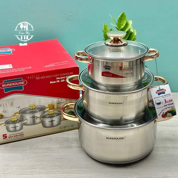 Bộ 3 nồi inox bếp từ 5 đáy SUNHOUSE SH781 size 16 20 24 CM Siêu Dày