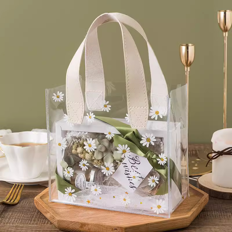 Túi PVC trong suốt hoạ tiết hoa cúc đựng mỹ phẩm, làm quà tặng