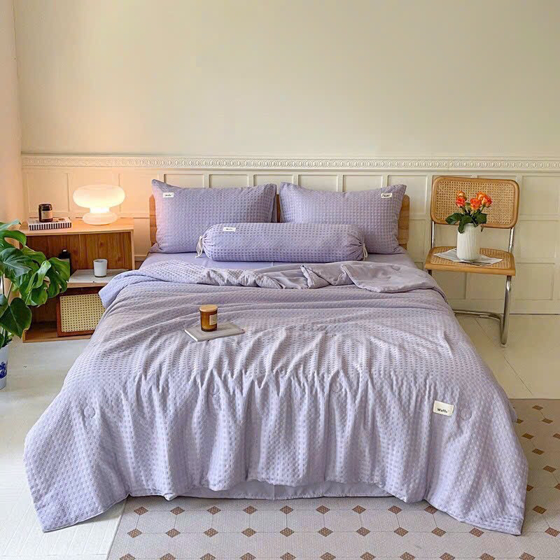 Set chăn ga và vỏ gối 5 món cotton đũi Waffle chăn trần dệt ô vuông