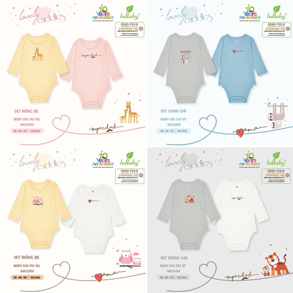 Set 2 body chip dài tay bé trai, bé gái Lullaby