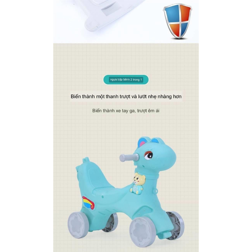 Ngựa bập bênh chòi chân 3 in 1 cho bé có bánh xe, tay đẩy ,có nhạc