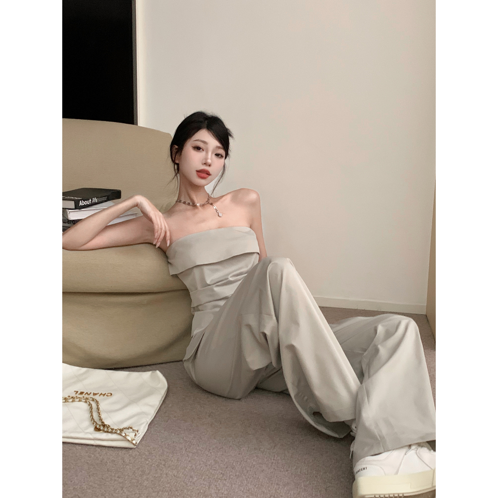 Set đồ 2 món Y2K áo ống quần ống rộng màu bơ siêu xinh Size S