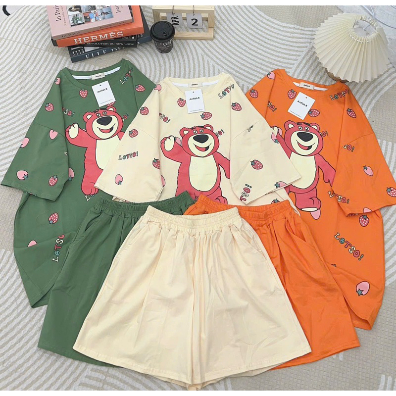 Bộ Cotton Phom Rộng Gấu Pu Dâu Tràn Viền