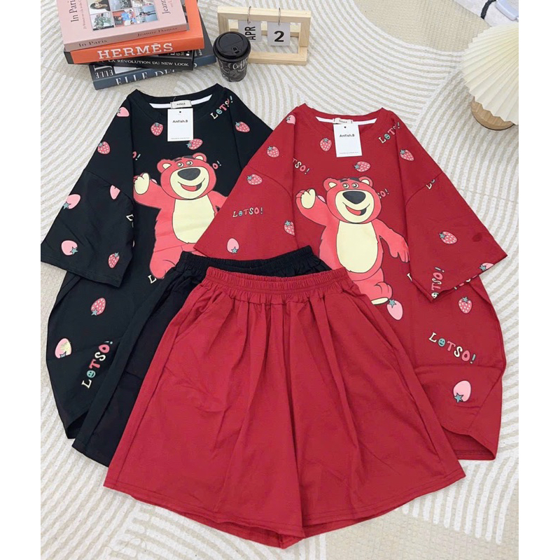 Bộ Cotton Phom Rộng Gấu Pu Dâu Tràn Viền