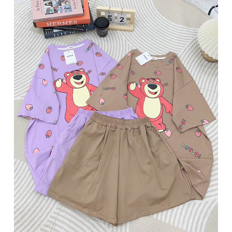 Bộ Cotton Phom Rộng Gấu Pu Dâu Tràn Viền