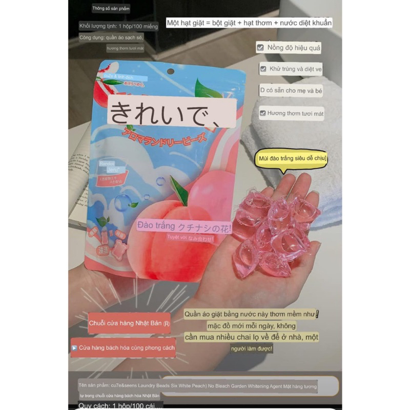 100 Viên Giặt Xả Xuất Nhật Mùi Đào Cực Sạch Siêu Thơm