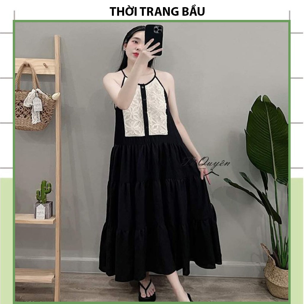 VÁY BẦU MÙA HÈ ĐI BIỂN, ĐI TIỆC CỰC HOT-ĐẦM BÂU THIẾT KẾ CỔ YẾM TƠ PHỐ REN MAXI THỜI TRANG TRẺ VẢI MỀM MỊN FRESI