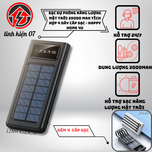 Pin sạc dự phòng năng lượng mặt trời 20000 mAh tích hợp 4 dây cáp sạc - Happy Home 4U