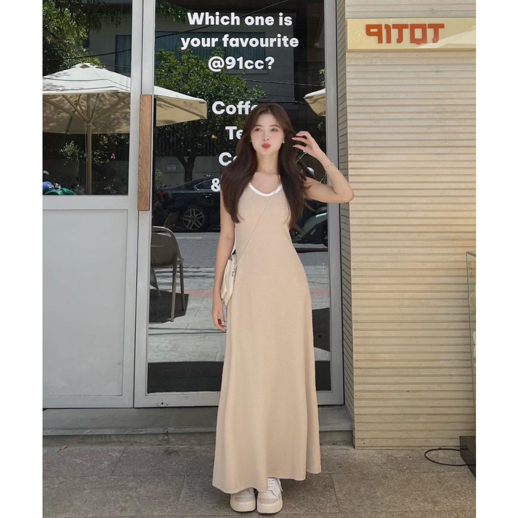ĐẦM BA LỖ KEM MIDI GÂN TĂM VIỀN DÂY TRẮNG CHÉO LƯNG (TH)