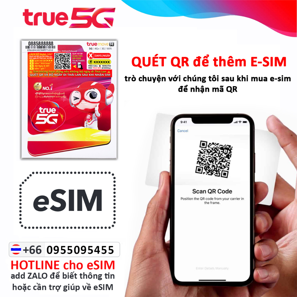 TRUE 5G : eSIM Thái Lan 🇹🇭 30GB 4G/5G, FREE Gọi 1.000 phút, TRUE-WIFI