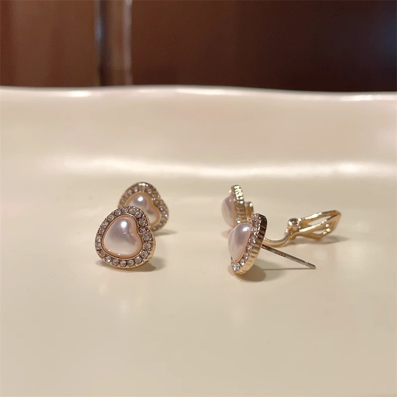 Khuyên tai kẹp không bấm lỗ chốt cố định K371 bằng hợp kim mạ vàng hình trái tim đính đá dáng ngắn Leous Accessories