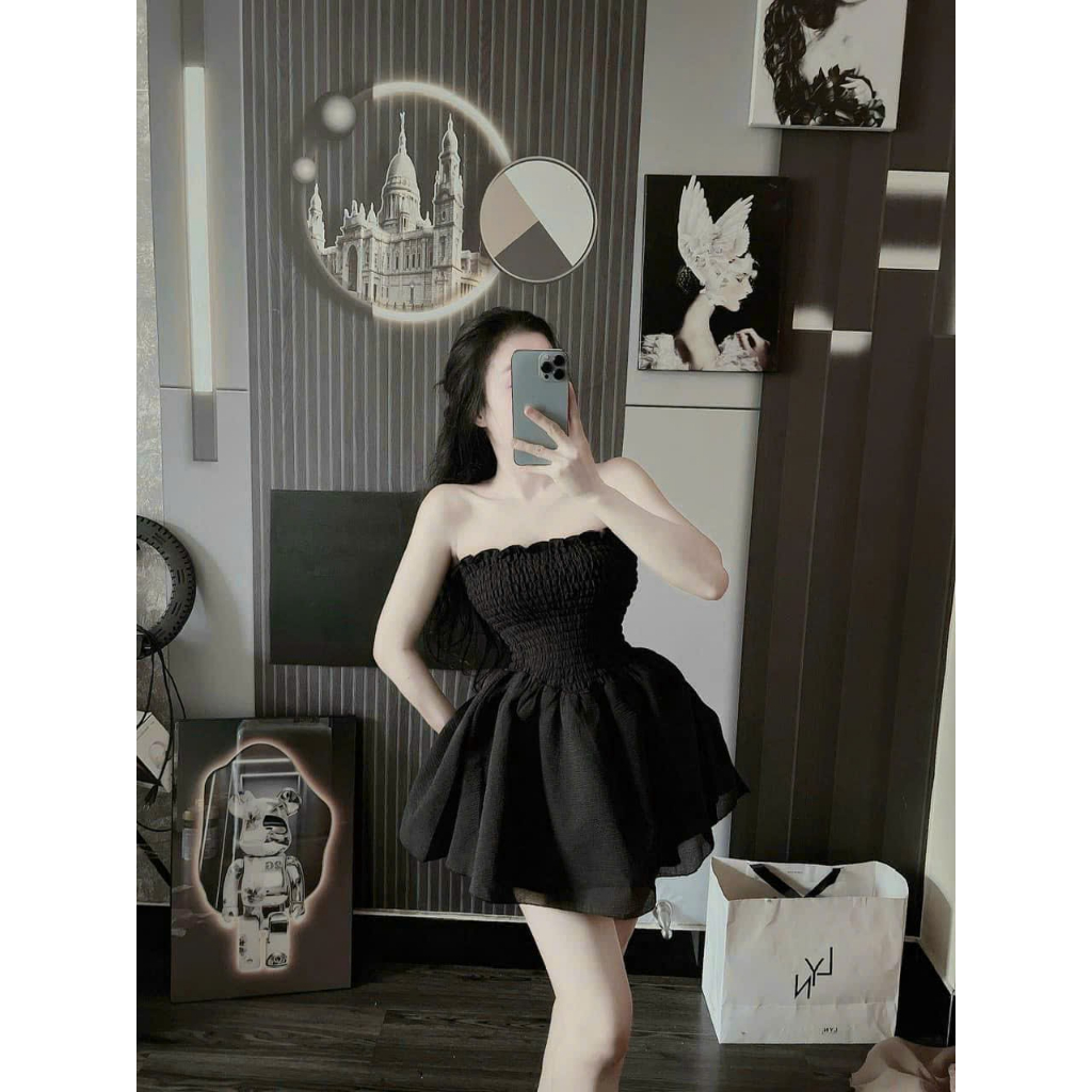Set Bộ Nữ Kiểu Áo Ống Nhún Chỉ Form Dài Xòe + Quần Bí