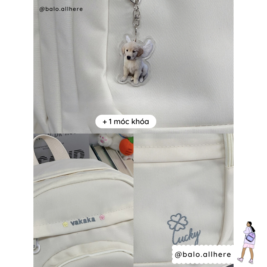 Balo Cặp Sách Đi Học Lớn Chống Nước Thêu Lucky