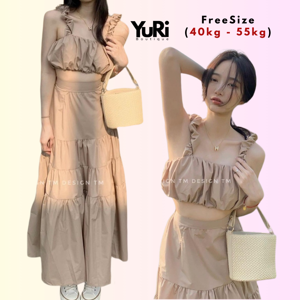 SET Chân váy tầng dài phối áo 2 dây bính trái bí