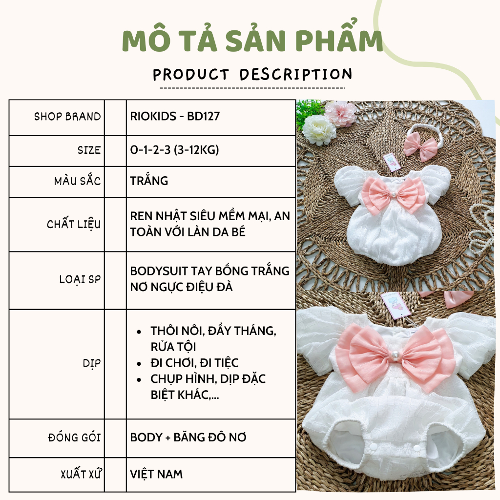 Bodysuit cộc tay ren trắng RIOKIDS cho bé gái sơ sinh mặc thôi nôi, đầy tháng BD127