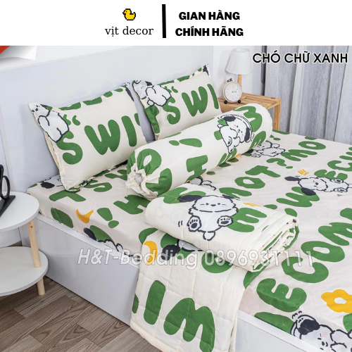 Bộ chăn ga gối Chó Chữ Xanh Coton Poly, set chăn ga gối chó chữ xanh cotton poly