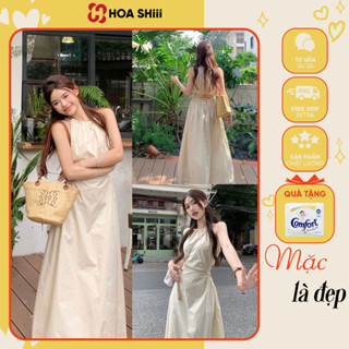 Váy Cổ Yếm Hở Lưng, Đầm maxi Đi Biển Dáng Dài Thắt Nơ Eo Màu Trắng Sang Chảnh Hàn Quốc sẵn hàng