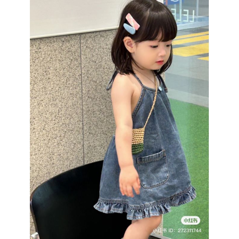 8 đến 25kg.váy xinh cho bé.váy tiểu thư.đầm hè cho bé gái.Váy jean cổ yếm viền bèo điệu đà cho bé gái từ 8-30kg