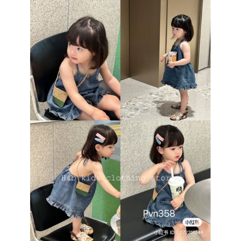 8 đến 25kg.váy xinh cho bé.váy tiểu thư.đầm hè cho bé gái.Váy jean cổ yếm viền bèo điệu đà cho bé gái từ 8-30kg