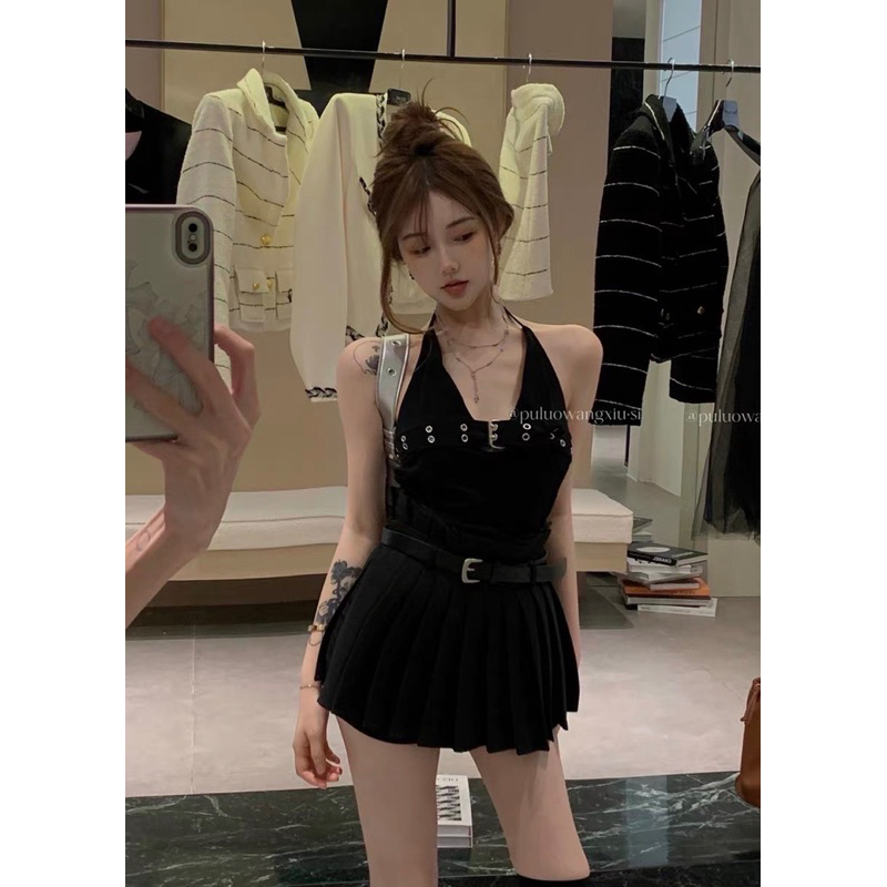 Sét áo cổ yếm mix chân váy kèm belt da hàng loại 1