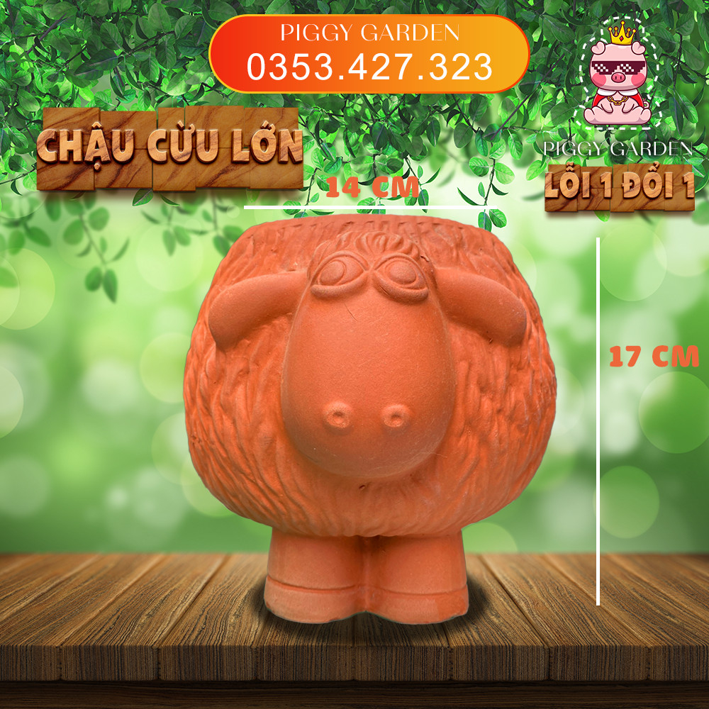 Chậu đất nung - Chậu trồng sen đá, xương rồng - Chậu cừu mập lớn miệng 14cm, cao 17cm