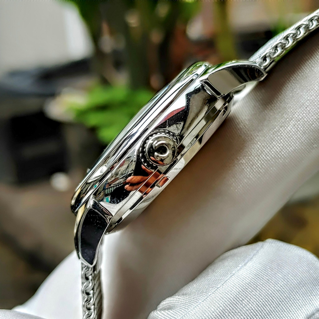 Đồng hồ Nam Omga 3kim mặt trắng dây lụa trắng máy nhật dòng cơ Automatic -40mm