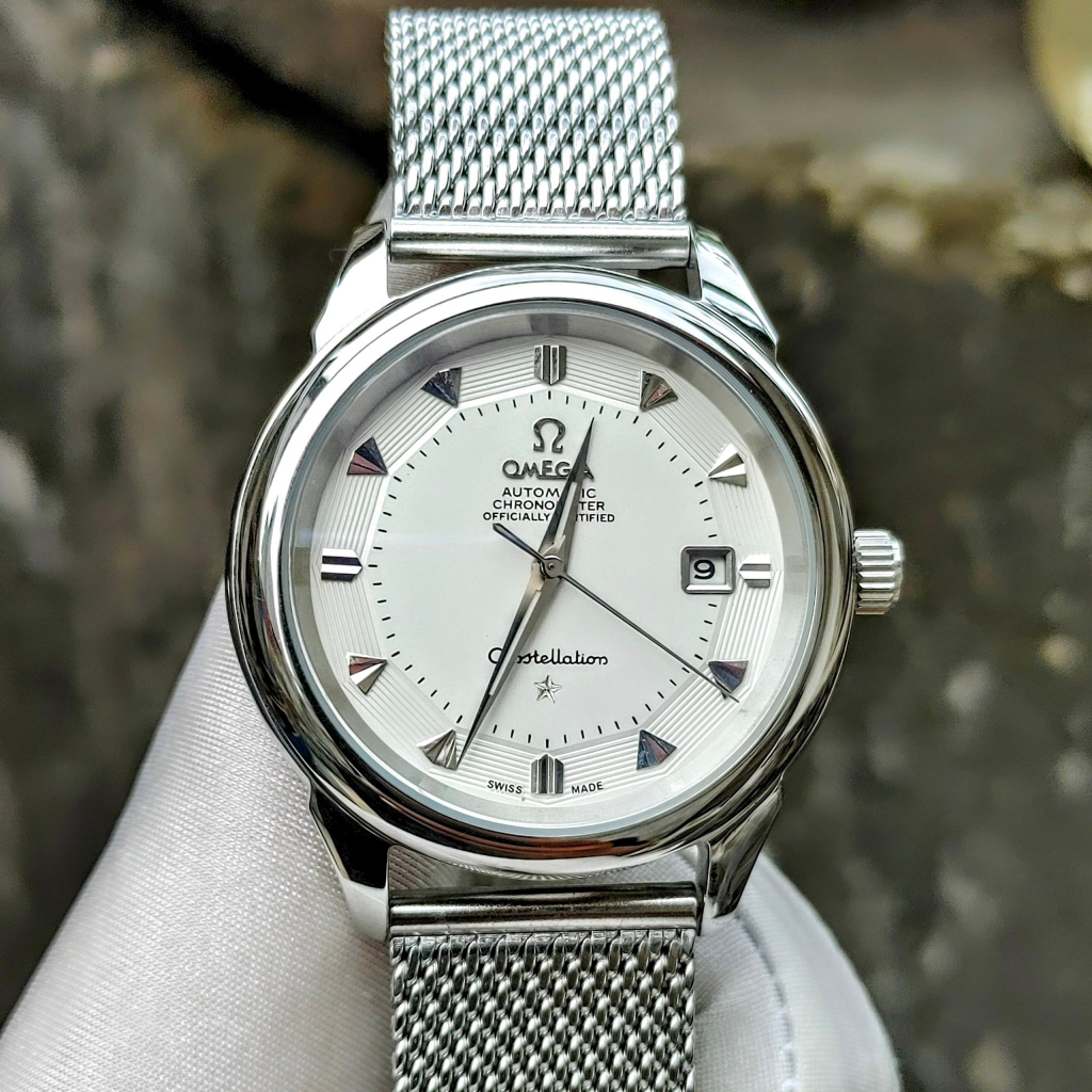 Đồng hồ Nam Omga 3kim mặt trắng dây lụa trắng máy nhật dòng cơ Automatic -40mm