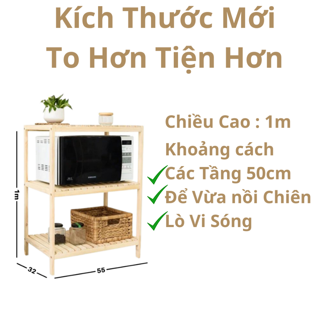 Kệ Lò Vi Sóng WOODEN HOUSE, Kệ Gỗ 3 Tầng Gỗ Thông Cao Cấp Lắp Đặt Dễ Dàng