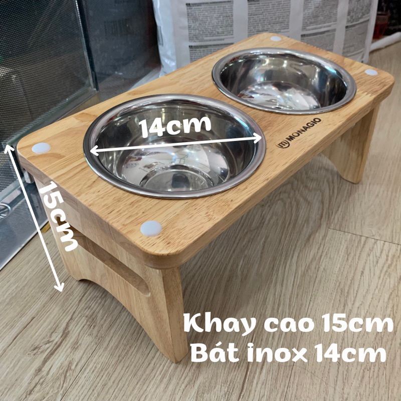 Bát ăn đôi cho Chó Mèo chống gù lưng, kèm 2 bát ăn inox, bát ăn gỗ tự nhiên