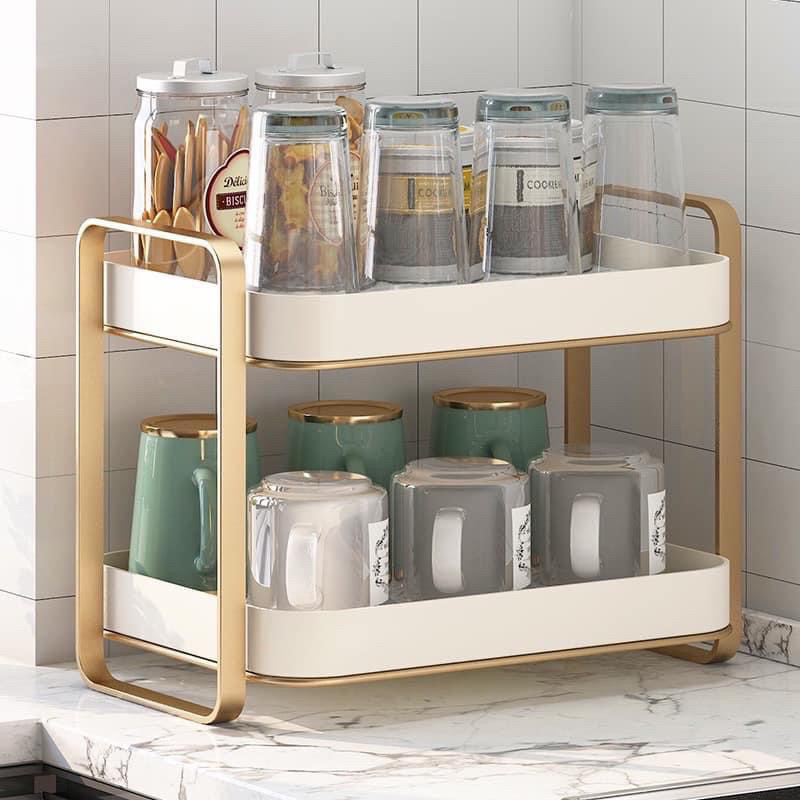 Khay giá úp cốc chén ráo nước 2 tầng đa năng inox mạ vàng sang trọng - Kệ để ly, tách có khay hứng nước nhựa PP cao cấp
