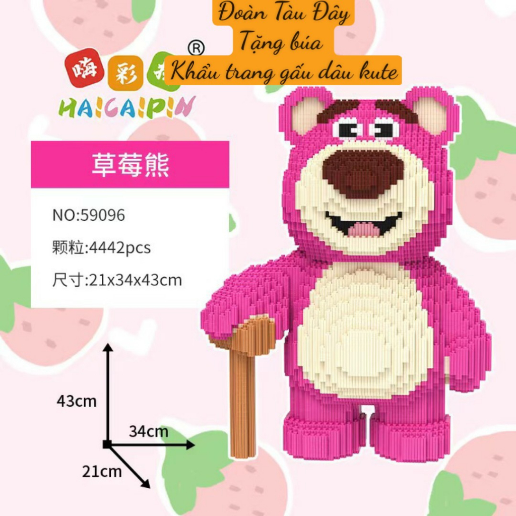 Xếp hình Gấu Dâu Cỡ Lớn 70cm, Lego gấu Dâu Losto cỡ lớn 70cm Tặng Kèm Búa, tặng mini, 43cm tặng búa khẩu trag