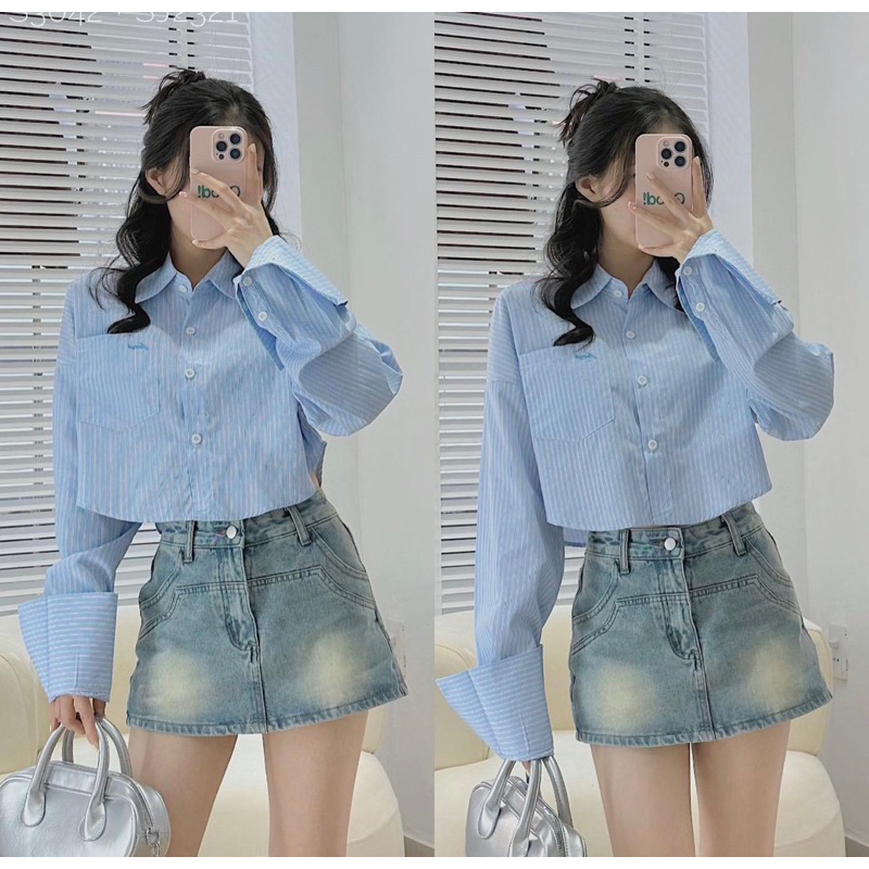 Áo sơ mi kẻ croptop chữ túi - mã 3042