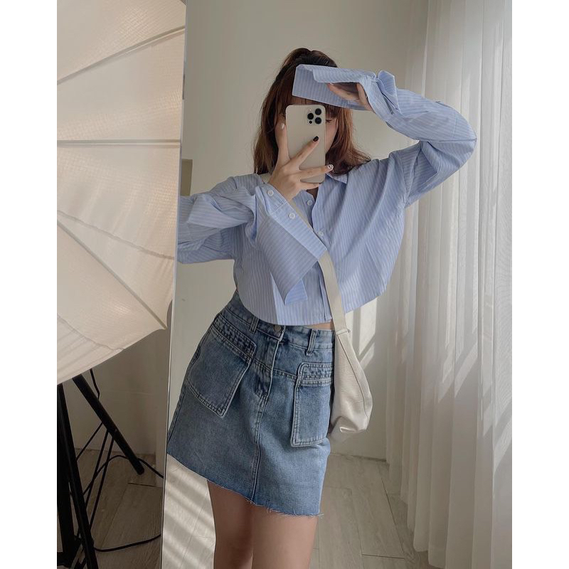 Áo sơ mi kẻ croptop chữ túi - mã 3042