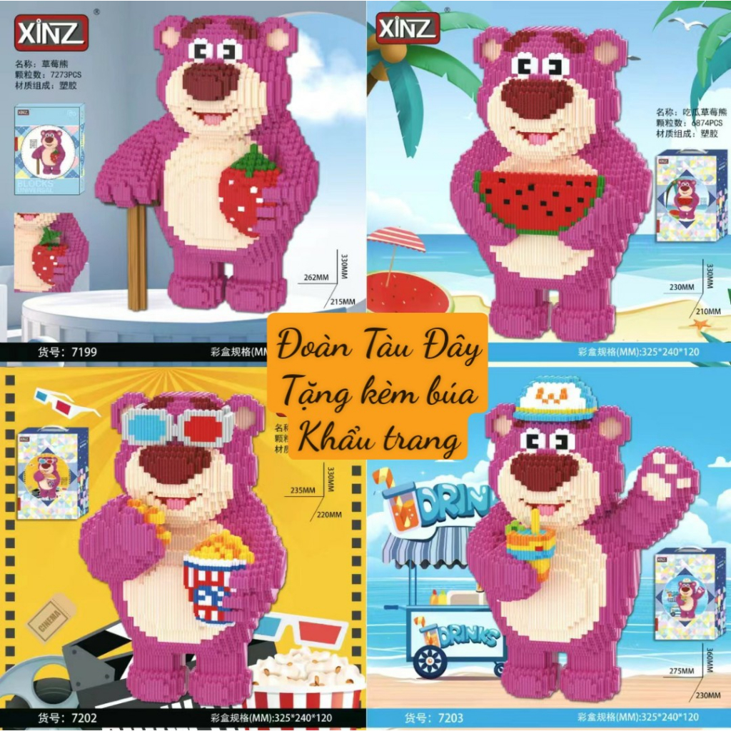 Xếp hình Gấu Dâu Cỡ Lớn 70cm, Lego gấu Dâu Losto cỡ lớn 70cm Tặng Kèm Búa, tặng mini, 43cm tặng búa khẩu trag